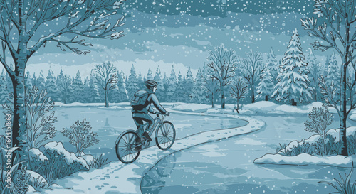 A cyclist embarks on a snowy winter journey through a serene, frosted landscape, following a winding path beside a frozen body of water surrounded by snow-dusted trees.