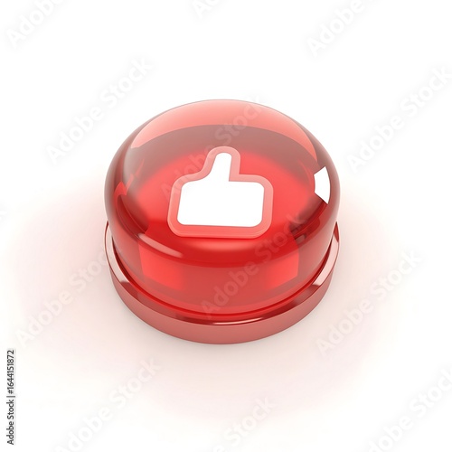 Close up of a shiny red round button with a white thumbs up symbol on a white background