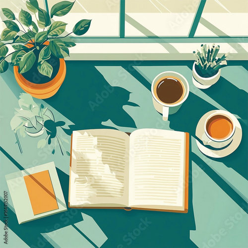  Relaxing overhead view of an open book, coffee cups, and potted plants on a sunlit table by the window. Vector illustration