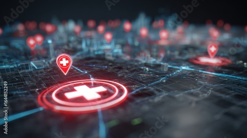 Medium shot featuring a holographic neon map with flashing ambulance markers focusing on coordinated smart routing in emergency response centers.