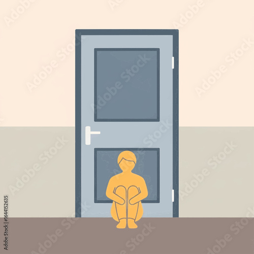 Closed door with a person sitting in front symbolizing rejection, waiting, and uncertainty in life challenges.