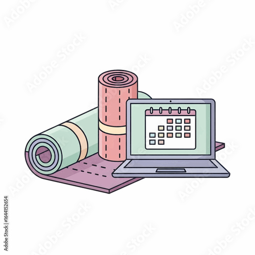  Yoga mat, laptop, and water bottle symbolizing healthy lifestyle, remote fitness training, and online workout sessions at home.