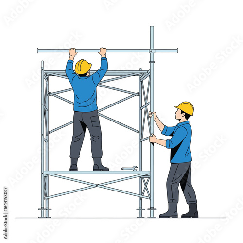 Vector art of construction workers assembling scaffolding at a building site, wearing hard hats and vests, isolated on white background