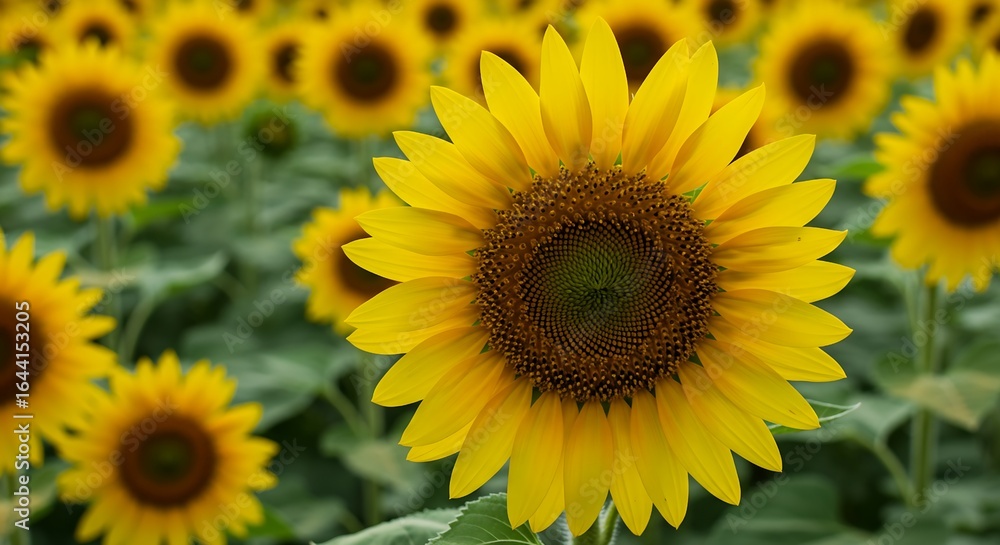 Fototapeta premium A stunning and cheerful image of a bright yellow sunflower, showcasing its petals and intricate seed head