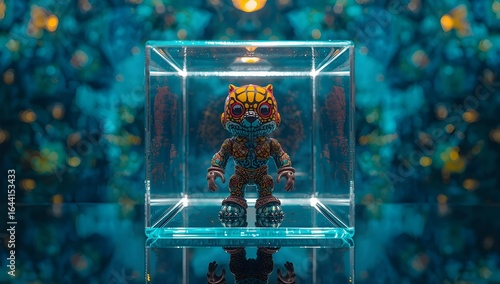 Unique NFT Digital Art Figure in a Glass Cube on a Futuristic Background