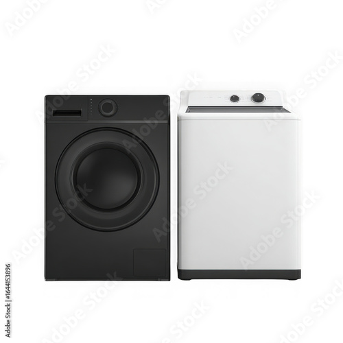 A modern black frontload washing machine next to a white topload washing machine, isolated on transparent background