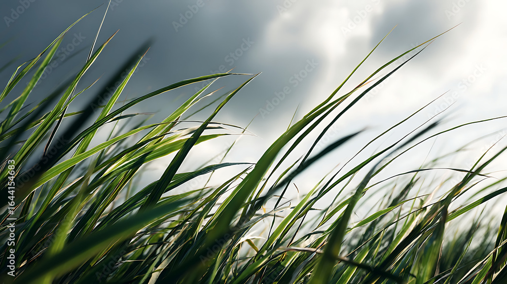 Naklejka premium Tall green grass blades swaying gently against a cloudy sky wind
