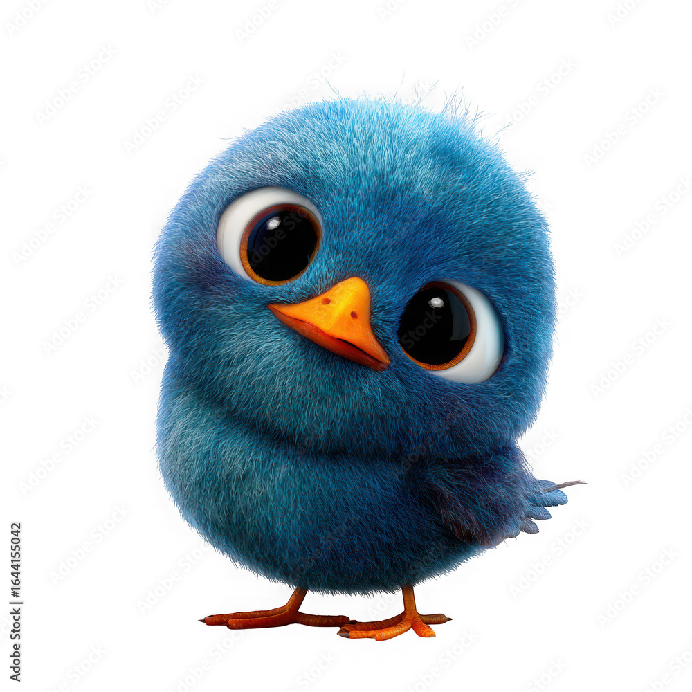 Fototapeta premium A very cute and fluffy blue baby bird with big eyes and an orange beak, looking curiously at the viewer isolated on transparent background