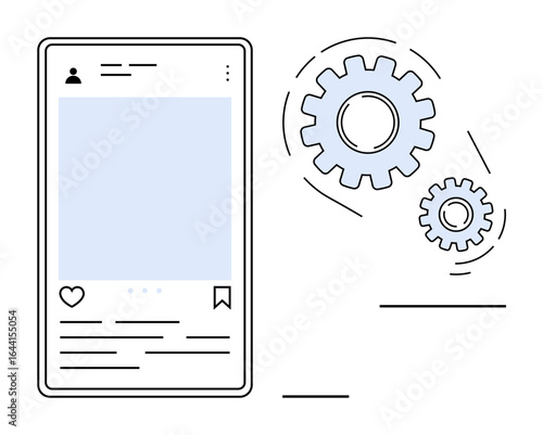 Smartphone interface with profile post, thumbs ups, and bookmark icons paired with moving gears. Ideal for technology, automation, social media, process, efficiency, innovation simple flat metaphor