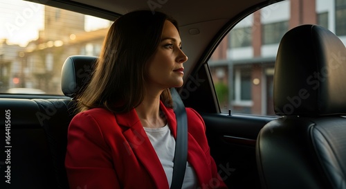 Elegant Businesswoman in Red Blazer Gazing Thoughtfully from a Car at Sunset