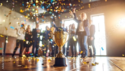 Golden trophy gleams amidst confetti shower, celebrating team success in bright office space