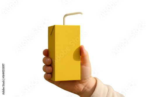 Hand holding yellow juice box with straw on transparent background