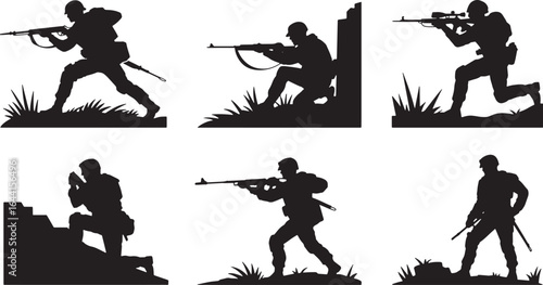 Silhouette Soldier Collection Vector Illustration Set Army Military Combat Infantry