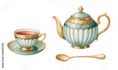 Watercolor illustration, vintage porcelain set in mint green and gold tones with botanical elements, isolated on white background. Teapot, Cup and spoon set.
