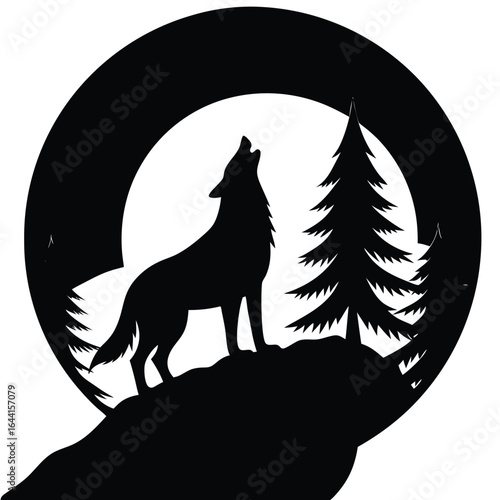 Black wolf howling at moon in forest trees