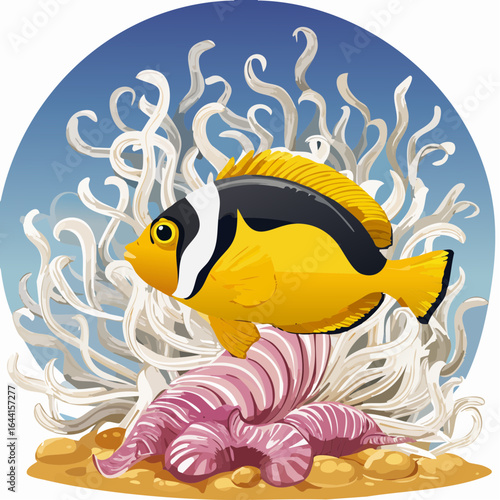  hawaiian dascyllus darting among pale peach anemone tentacles with vibrant yellow body and black head band, tropical reef vector illustration for marine life design
