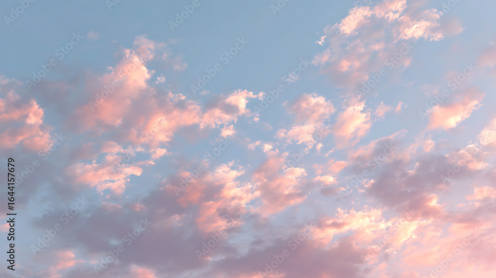 Fototapeta premium Soft pink and blue clouds drift across a pale sky pastel