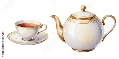 Watercolor illustration of vintage porcelain teapot and teacup set isolated on white background. Vintage ceramic teapot and teacup.