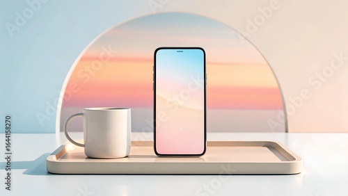 Wallpaper Mural Modern minimalist setup with a smartphone and coffee mug on a tray behind a translucent arch and pastel background Torontodigital.ca