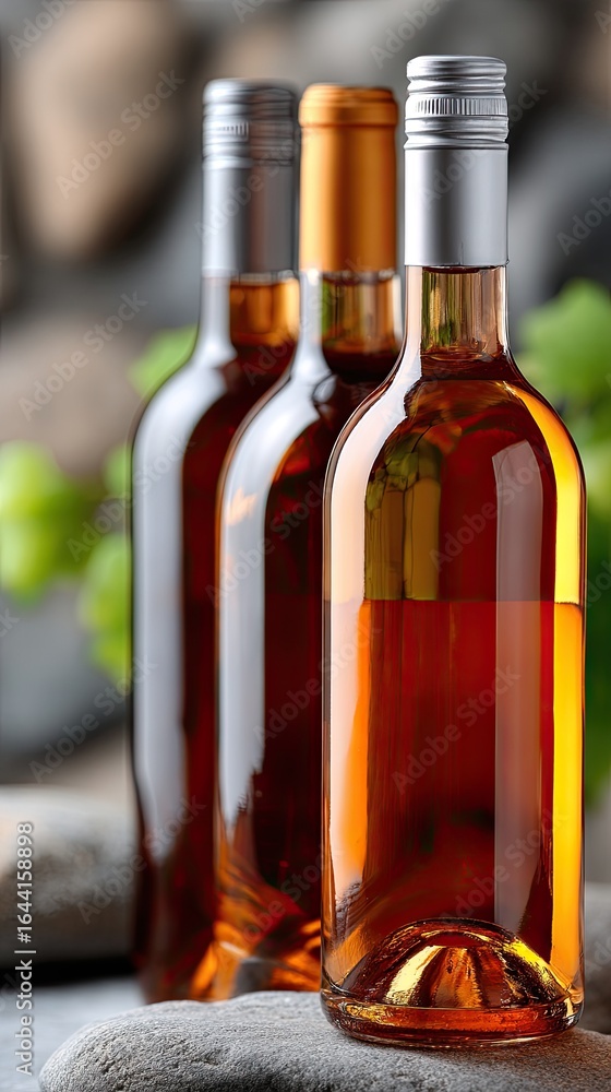 Obraz premium Three brown glass wine bottles stand out on a production line, showcasing the precision of the factory's manufacturing process