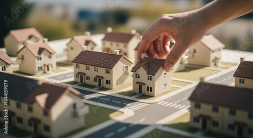 Fototapeta Naklejka Na Ścianę i Meble -  Hand placing a miniature house on a model town layout with multiple other houses and streets present