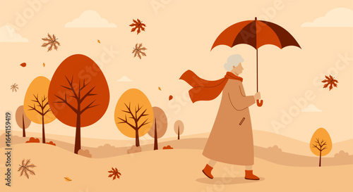 Elegant Autumn Elderly gray-haired woman walking with umbrella in fall park. Autumnal landscape with falling leaves, colorful trees. Horizontal seasonal background banner. Vector illustration. Not AI.