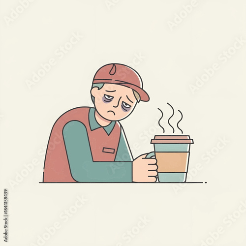 Tired man drinking coffee to stay awake, flat vector illustration of fatigue and sleep deprivation