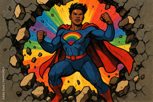 Dynamic pop art depiction of a powerful LGBTQ+ hero breaking barriers with rainbow pride colors, representing courage, liberation, and empowerment