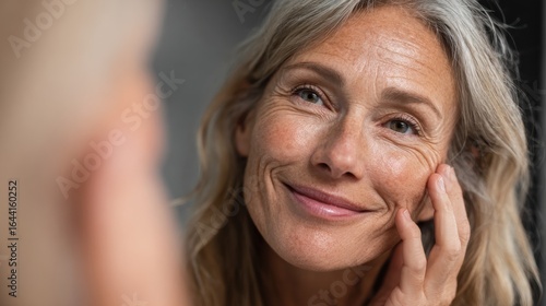 happy 50s middle aged woman model touching face skin looking in mirror reflection smiling mature old lady pampering healthy moisturized skin care aging beauty skincare treatment cosmetics concept no 