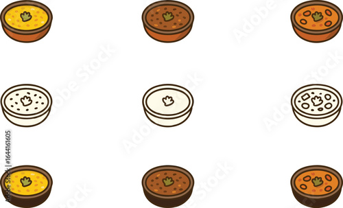 Lentil Curry Varieties Vector Pack: Yellow Dal, Dal Makhani, and Sambar