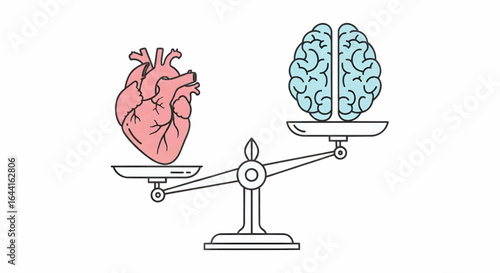 Concept illustration of brain and heart on balance scale symbolizing decision-making between logic and emotions