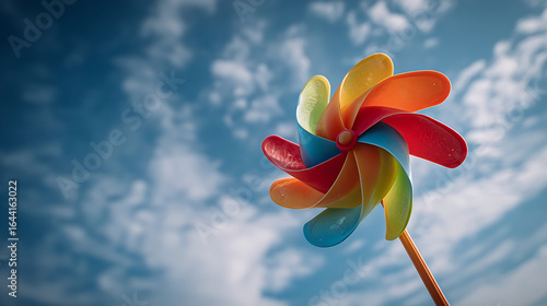 Vibrant pinwheel spinning against a bright blue sky with fluffy clouds colorful