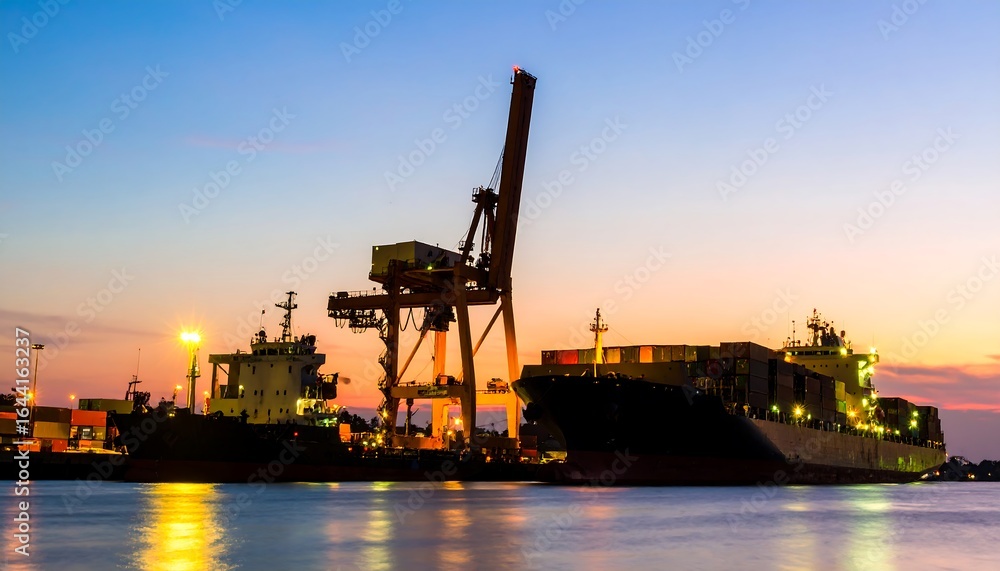 Obraz premium Silhouette of cargo ship, cranes, and harbor at sunset