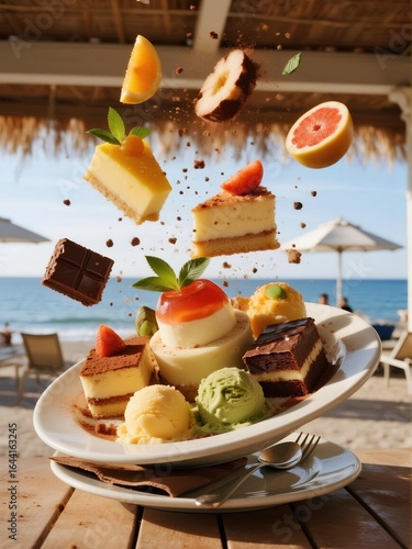 Assorted desserts and fruits dynamically arranged on a plate by the beach