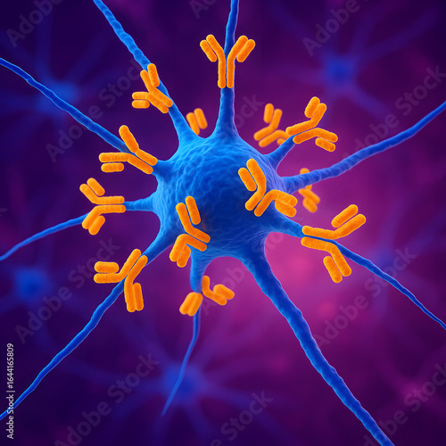 3D illustration of neuron cell with multiple antibody structures attaching to its surface, shown in glowing blue and orange colors against purple background. Concept of neurology, immune response, and