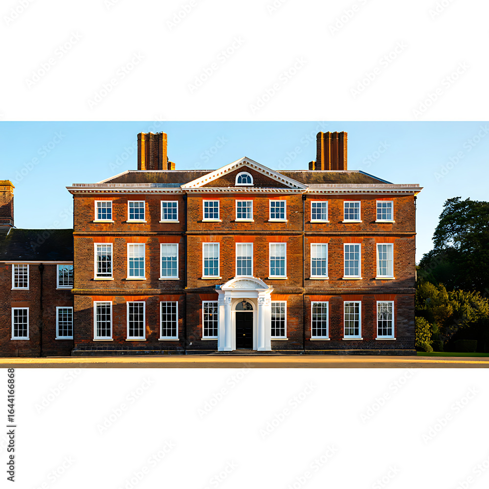 Fototapeta premium Majestic Georgian Mansion with Grand Entrance and Classic Architectural Features, Exuding Timeless Elegance and Historical Significance Amidst Lush Greenery