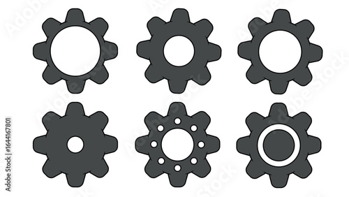 Set of abstract vector gear wheel in cartoon style, teamwork concept, machinery industrial technology sign, circle cog grey for mechanization icon, collection of different grey cogwheels isolated