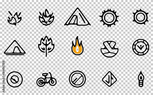 A collection of icons depicting essential elements of outdoor adventures, including tents, fire, trees, and recreational symbols, all in a simple and clear design.