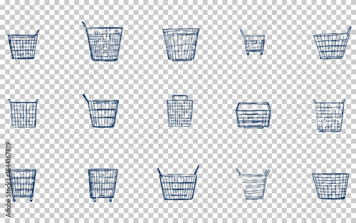 Different styles and sizes of wire shopping baskets hang on a white wall, showcasing a clean and organized arrangement. Each basket is uniquely designed and adds to the decor.