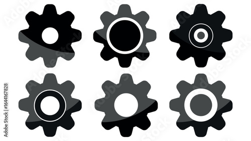 Cogwheel mechanism in cartoon style, set of different black cogwheels on white background, technology concept, machinery industrial technology sign, flat black and grey icon of cogwheel mechanism