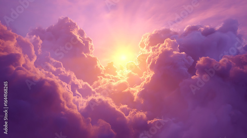 Radiant sun illuminating dramatic purple and pink clouds at sunset image