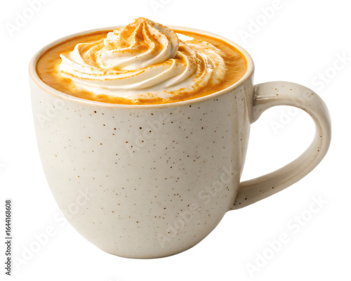 A speckled mug filled with a pumpkin spice latte topped with whipped cream on a transparent background