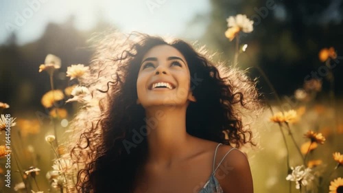 A young woman laughs joyfully while standing in a vibrant field filled with wildflowers on a sunny spring day. Her curly hair dances in the gentle breeze as she enjoys the beauty around her