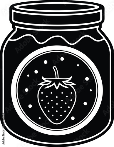 Illustration of a jar of strawberry jam with a strawberry on the label perfect for food related designs