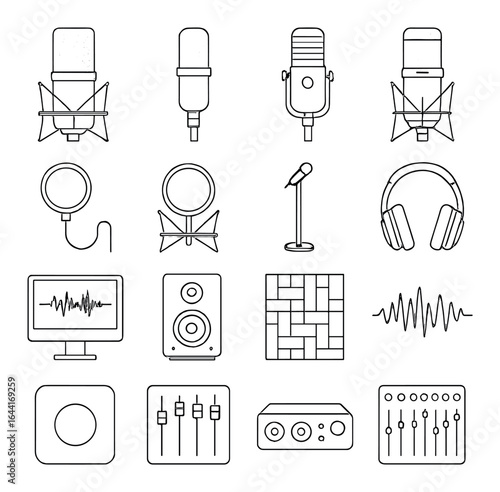 Outline icons of studio microphones headphones speakers and audio equipment