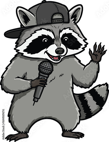 Cool Raccoon Singing with Microphone Clipart Vector Illustration of Musical Animal Character