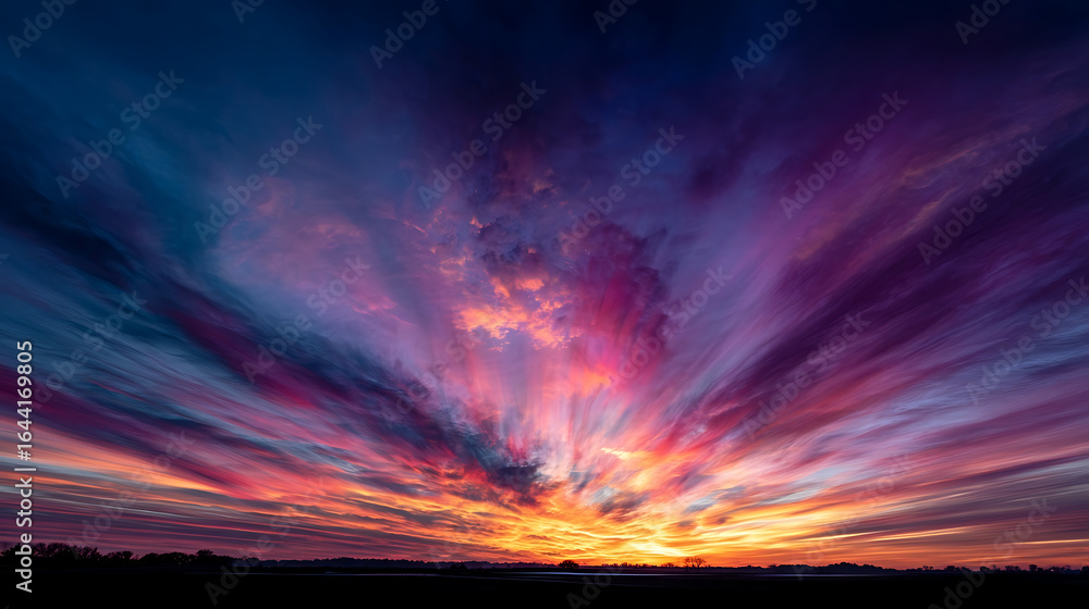 Fototapeta premium Radiant twilight sky ablaze with fiery oranges pinks purples and blues clouds sunset