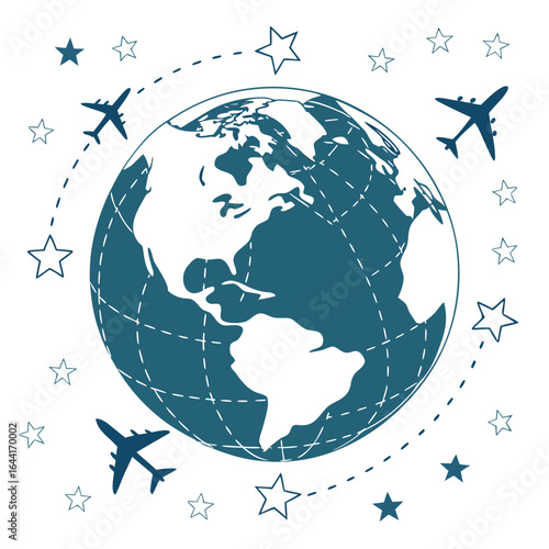Illustration of a stylized earth with airplanes and stars circling it representing global travel and international destinations