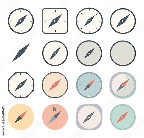 Varied compass icons with diverse shapes and designs on gradient background