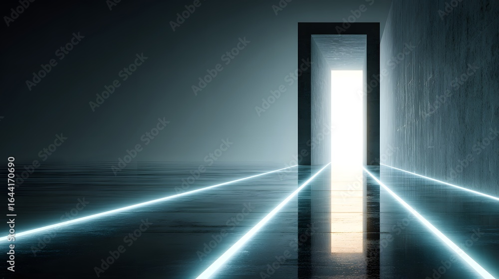 Obraz premium Empty, futuristic hallway with neon lights and a large doorway.